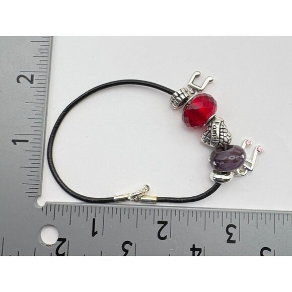 Music Note Charm Bracelet Silver Tone with Faux Leather Rope Family Purple Red - Picture 4 of 6